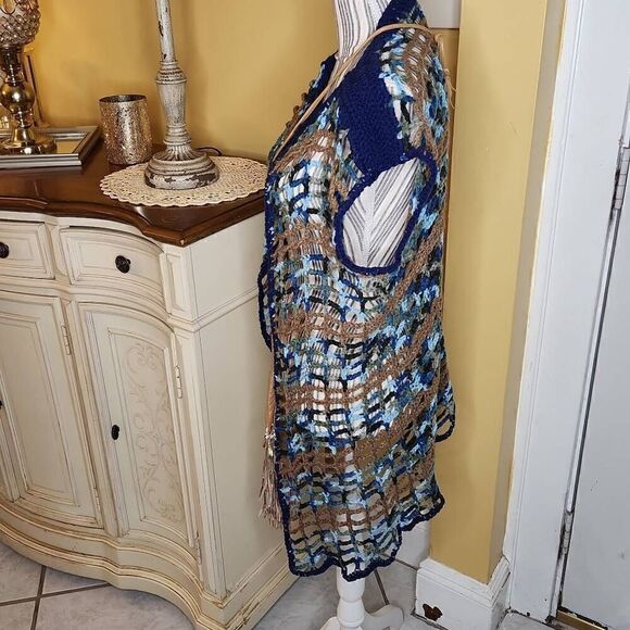 Handmade crochet knit blue open sweater women's size S/M with tan crossbody - Picture 3 of 9